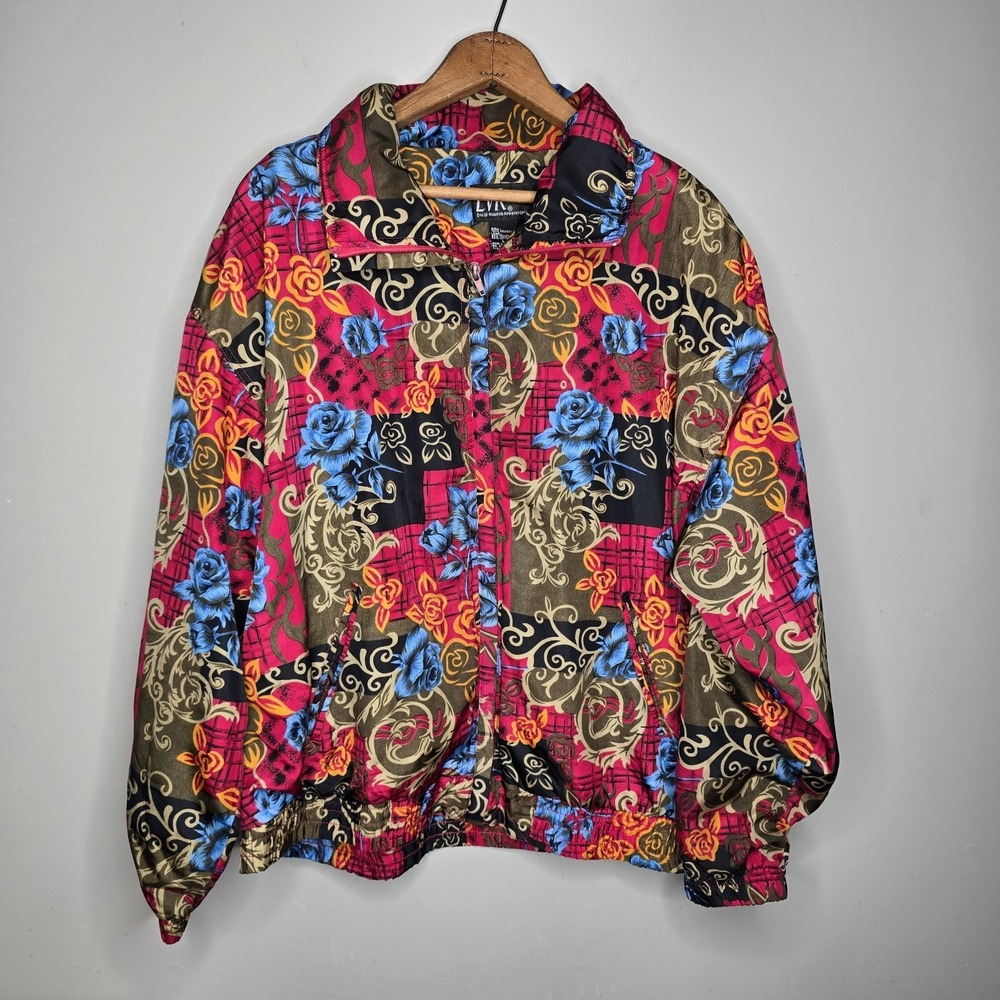 Vintage EVR Rousso Womens Bomber Jacket Art Floral Windbreaker Tracksuit Large